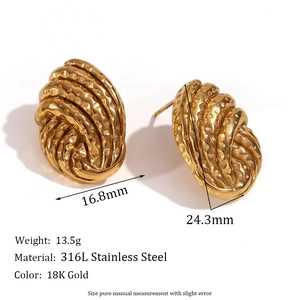 Textured button stud earrings in 18K gold plated stainless steel on white background