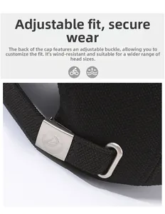 Detail of adjustable matte metal buckle and breathable mesh on black baseball cap