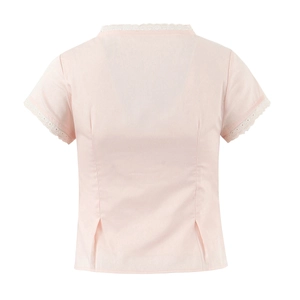 Pink cotton blouse with lace trim and flutter sleeves, full back view on white background