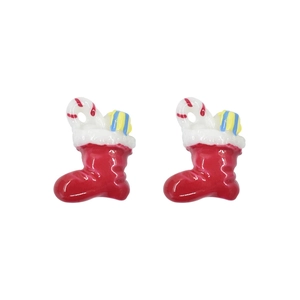 Pair of festive resin Christmas boot charms with candy canes and small gift boxes