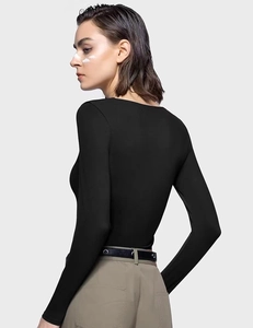 Slim fit black long sleeve crop top shown from behind featuring a classic square neck cut