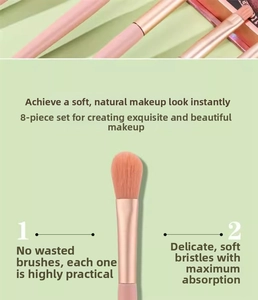 Detail of 8-piece mini makeup brush set with soft gradient bristles and pink handles