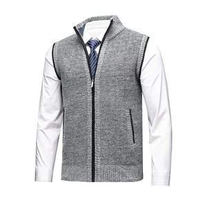 Men's grey knit sweater vest with full zipper and stand collar for business casual style