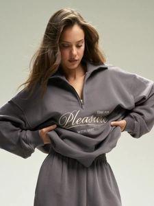 Dark gray half-zip sweatshirt and sweatpants set with embroidery in high-quality knit cotton