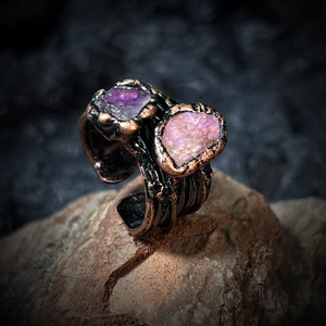Vintage Handmade Copper Ring Natural Amethyst Rose Quartz Raw Stone Adjustable Open Ring Bohemian Women Jewelry Gift