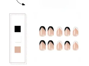 Detail of French V-shape press-on nails in black and white minimalist contrast style