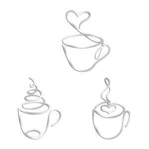 Three minimalist silver metal coffee cup wall art pieces with linear heart and cherry details