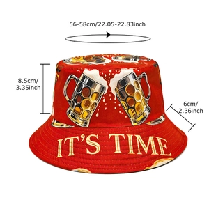 Red bucket hat with yellow beer graphic and 'IT'S TIME' print for sun protection