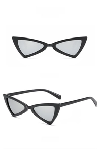 Front and 45-degree side views of black cat-eye sunglasses with silver mirror lenses