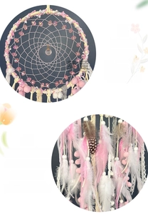 Macro detail of handmade dream catcher showing pink feathers, lace ribbons and beads