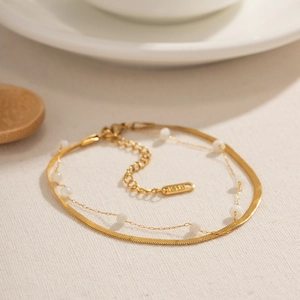 Double-layer 18K gold plated snake chain bracelet with white shell beads and K18 tag