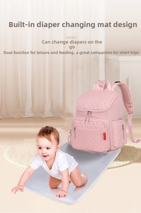 Pink quilted diaper bag backpack shown with foldable waterproof changing mat in soft light