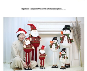 Detail of plush Christmas Santa and Snowman figures with adjustable telescopic legs