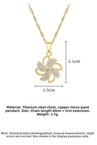 Detailed dimensions of the rotating windmill pendant necklace with crystal zircons