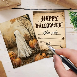 Two-sided Halloween party invitation cards with ghost and pumpkin illustrations