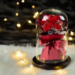 Preserved red roses and baby's breath in glass dome with LED light on plush base