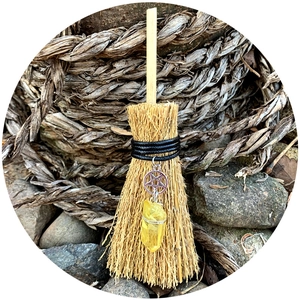 Miniature Wicca witch broom car pendant with yellow crystal and pentagram charm