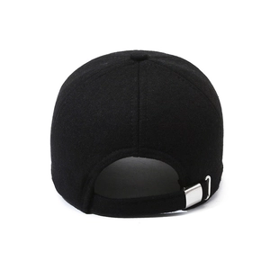 Rear view of black wool baseball cap featuring adjustable silver metal buckle and strap