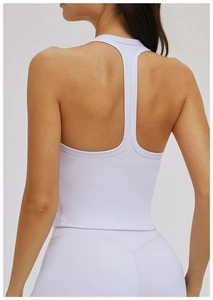 Detail view of the lavender purple racerback sports bra with high-elasticity fabric