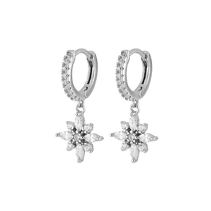 Detailed macro shot of silver snowflake earrings with sparkling zircon stones