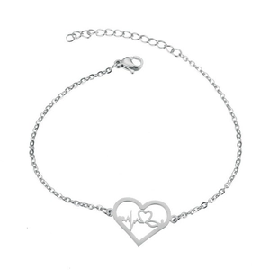 Detail of silver titanium heart bracelet with EKG pulse pattern and adjustable chain link