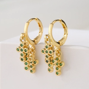 18K gold plated hoop earrings with green zircon pendants on white background