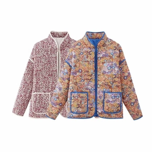 Women's vintage floral quilted cotton jackets with stand collar in red and blue
