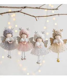 Set of four plush angel ornaments with glitter antlers and sequins on mesh dresses