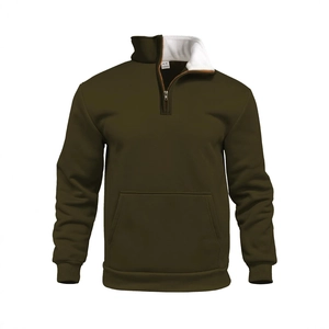Men's olive green waffle knit quarter-zip sweatshirt with white fleece lining collar
