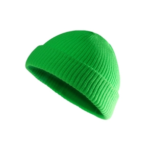 Neon green knit docker beanie cap with a classic ribbed texture on a white background