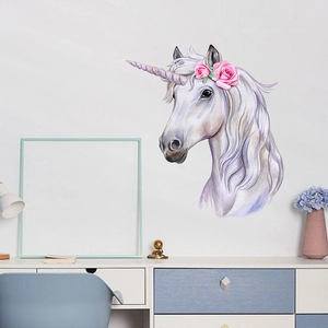 Self-portrait unicorn wall sticker with watercolor roses for kids' bedroom wall decor