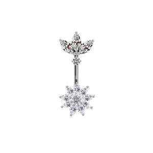 Piercing nombril argenté avec zircons étincelants en forme de trèfle et de fleur