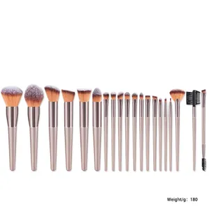 Champagne gold 20-piece makeup brush set with frosted handles on white background