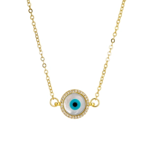 Macro detail of Evil Eye pendant featuring white mother of pearl and zircon pavé setting