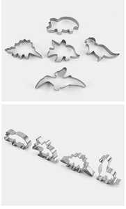 Detailed view of 5-piece dinosaur shaped stainless steel cookie cutters in various poses