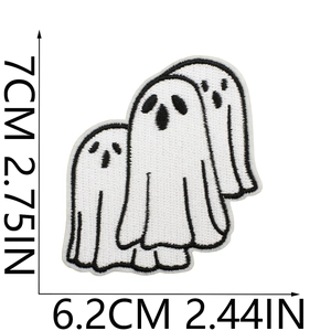 Detail showing embroidered ghost patches for Halloween with size labels 7cm by 6.2cm