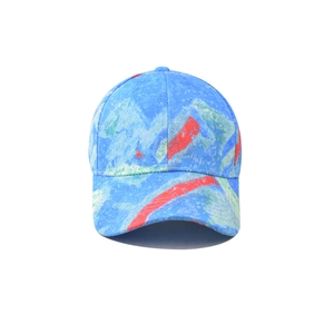 Blue and green marble pattern baseball cap with red graphic accents on white background