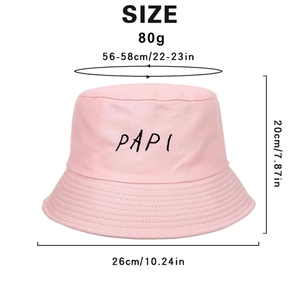 Pink cotton bucket hat with PAPI logo, featuring detailed size measurements and lightweight fabric