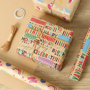Happy birthday kraft wrapping paper rolls with unicorn and rainbow patterns