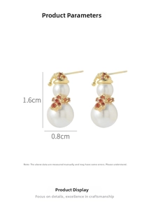 Detailed size specifications for Christmas snowman earrings with pearls and gold plating