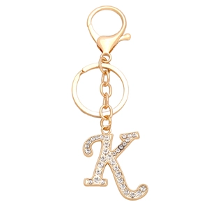 Detail of gold letter K keychain with sparkling rhinestones and lobster clasp
