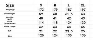 Tableau des tailles pour chemisier en satin avec mesures du buste et de la longueur