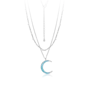 S925 sterling silver double layer necklace with turquoise moon crescent pendant