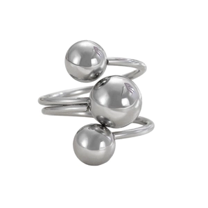 Detail of silver stainless steel spiral ring with three polished spherical beads decor