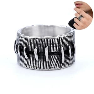 Men Punk Ring Stainless Steel Wide Band Industrial Stitch Seam Design Antique Silver Retro Gothic Rock Style