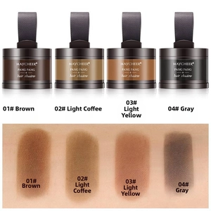 Hairline powder swatches showing four shades from brown to gray on skin and products