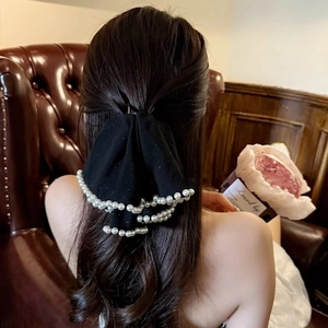 Elegant black bow hair claw clip with faux pearls for high-end ponytail hair accessories