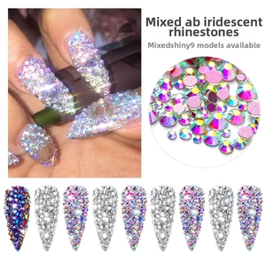 Detail showing mixed sizes of shiny AB rhinestones for nail art in nine color options