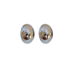 Minimalist silver oval stud earrings with high-polish metallic finish for women