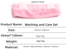 Detailed size chart for the cat ear headband and facial cleansing brush set components